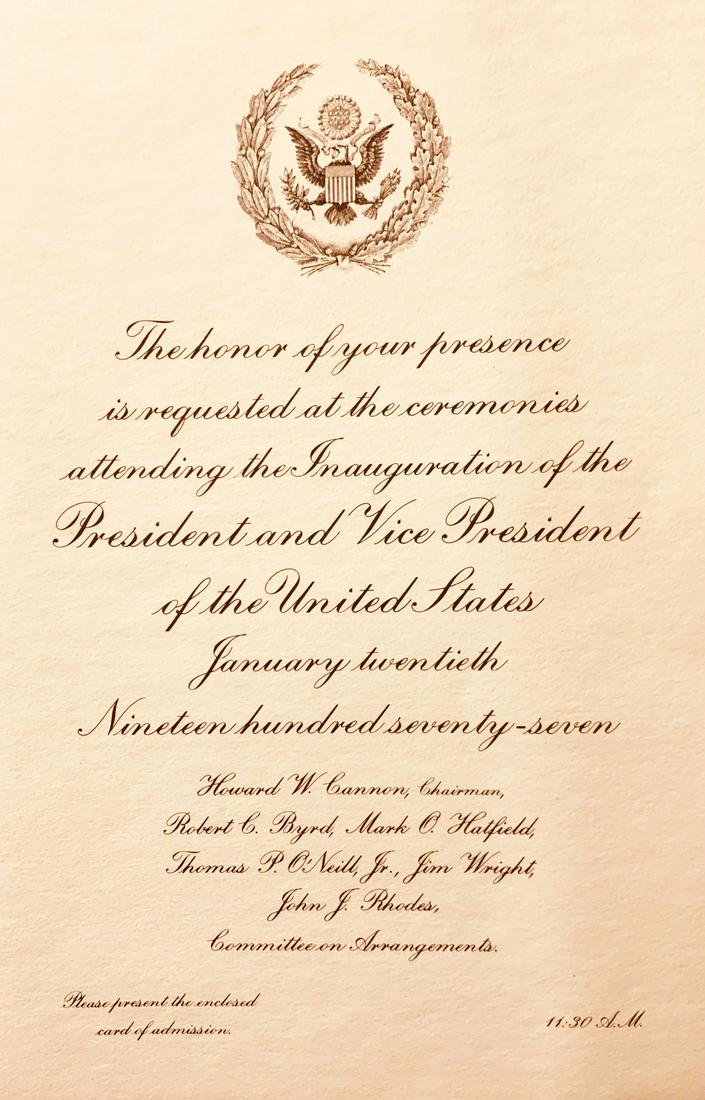 JIMMY CARTER INAUGURATION ITEMS JAN 20, 1977: FOUR ITEMS: 1) CONGRESSIONAL PACKET #2107, SECTION A 2) MAP OF PLACEMENT FOR SECTION A 3) INAUGURATION PROGRAM 4) ADMISSION TICKET