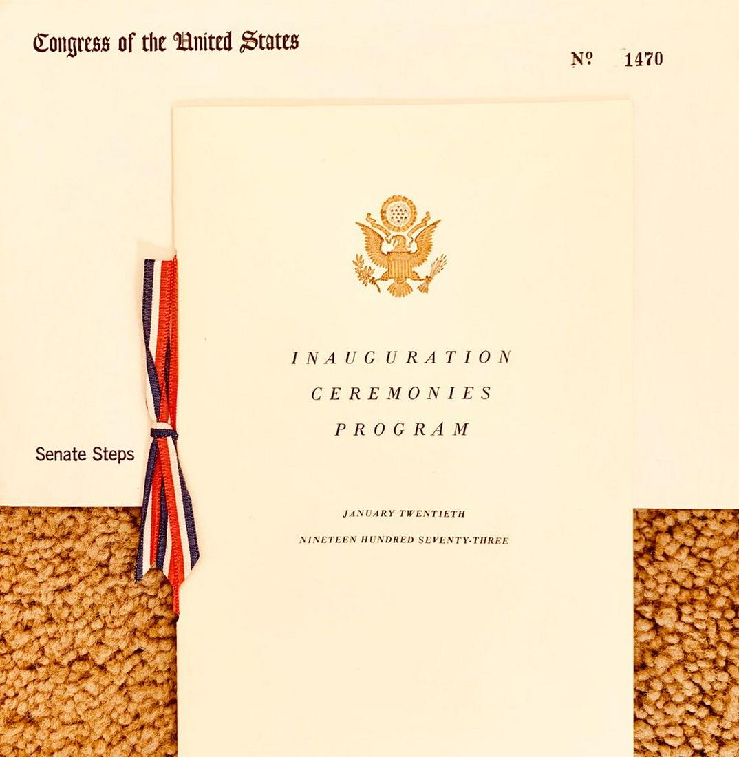 RICHARD NIXON / SPIRO AGNEW: INAUGURATION PACKET JANUARY 20, 1973 CONSISTING OF: 1) CONGRESSIONAL INVITE # 1470 2) INAUGURATION CEREMONY'S PROGRAM 3) TWO DIFFERENT INAUGURATION ENTRANCE TICKETS...ONE $50 THE OTHER $2 4) THE ORIGI