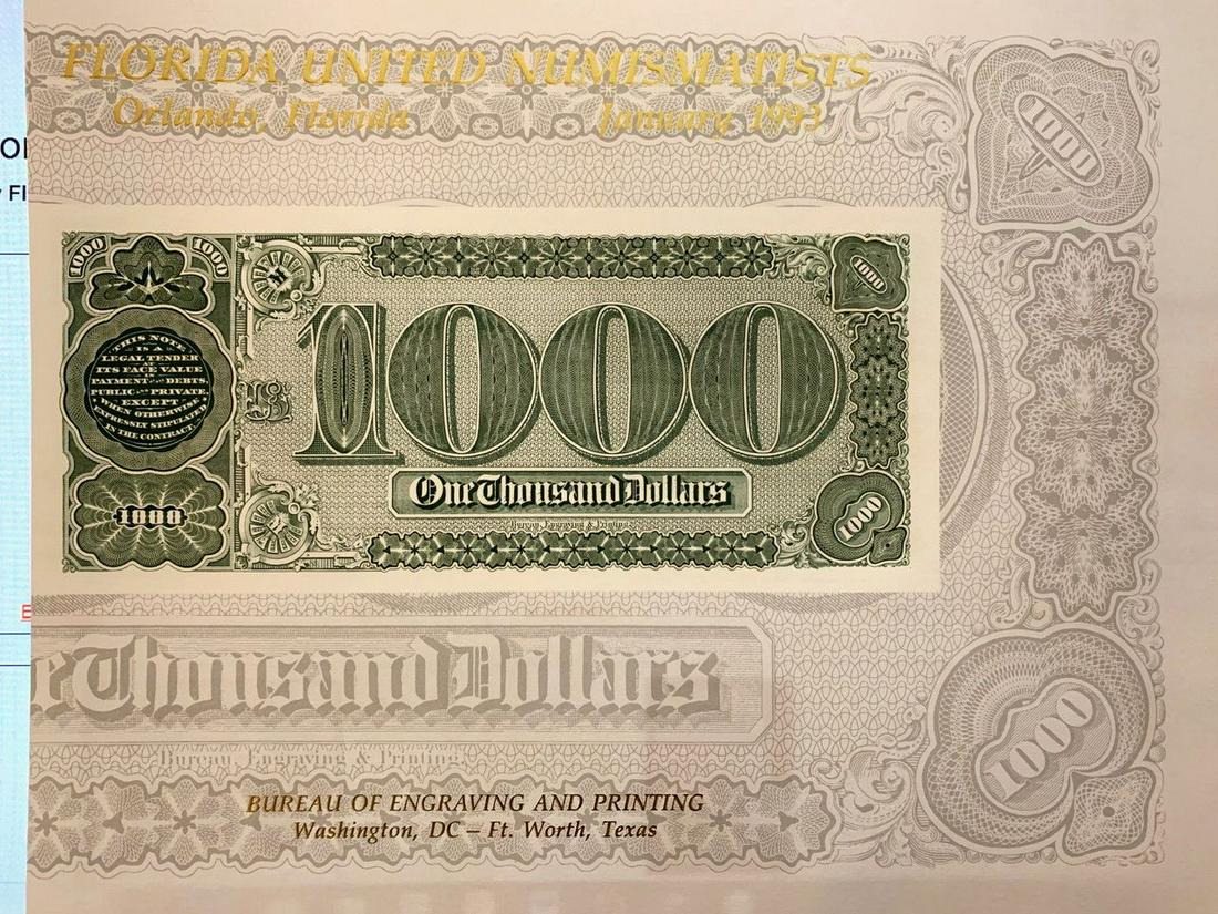 BUREAU OF ENGRAVING PHILATELIC AND NUMISMATIC SETS:: 1) FLORIDA UNITED NUMISMATICS CONFERENCE ORLANDO FLORIDA JANUARY 1993 THE BACK OF THE $1000 TREASURY/COIN NOTE OF 1890 IS KNOWN FOR ITS OR NEED ENGRAVED DESIGN. THE INTERESTING SHAPE OF THE ZEROS OTHE
