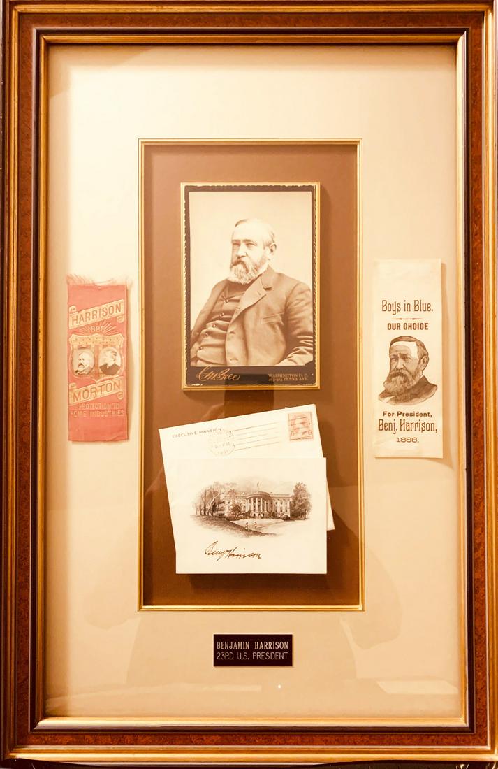 BENJAMIN HARRISON: PAINSTAKINGLY ITEM BY ITEM PUT TOGETHER BY THE COLLECTOR 30 YEARS AGO. COST COMPLETE $500 STUNNING READY TO HANG 16" X 20" MUSEUM QUALITY FRAME. A 4 1/2" X 6 1/2" C.M. BELL PHOTO IMAGE FRAMED WITHIN A