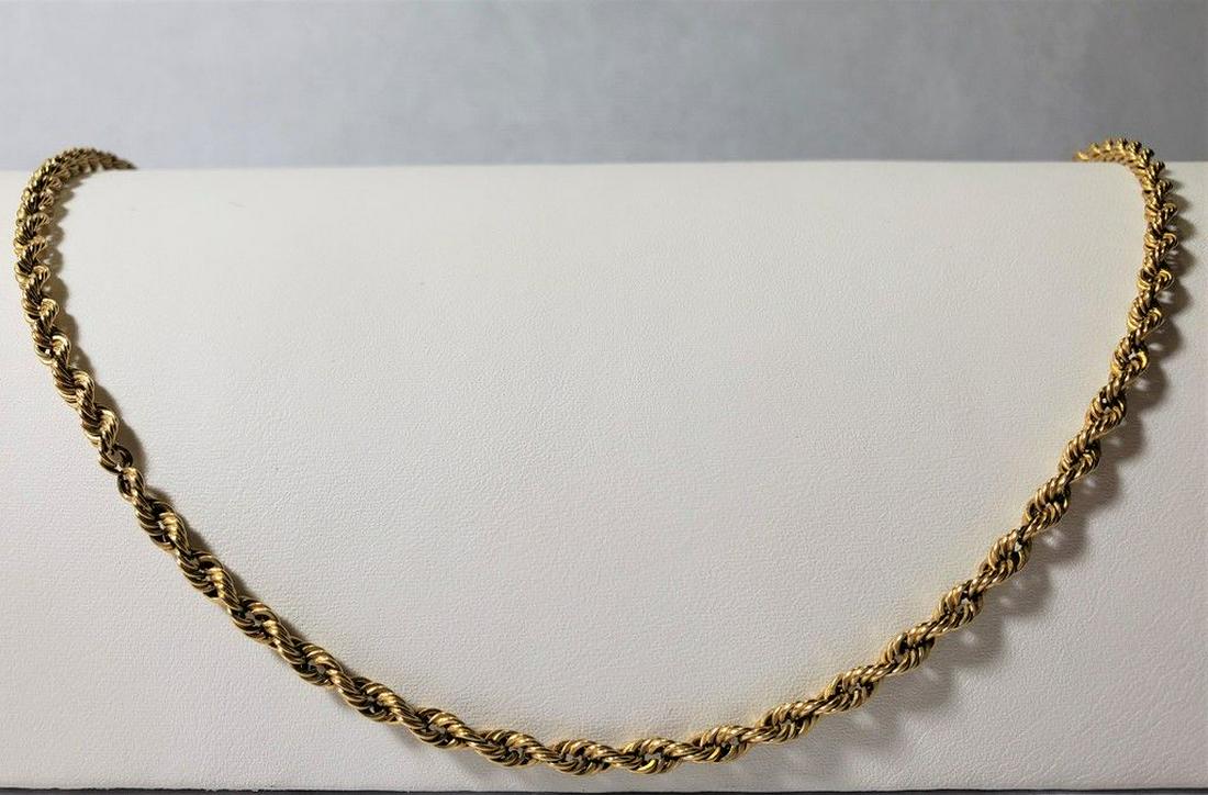 14K ROPE NECKLACE 24" LONG 21.6 GRAMS: 14K ROPE NECKLACE 24" LONG 21.6 GRAMS. Stamped (14k) WITH GOLD AT 1340. THIS ITEM HAS A GOLD MELT VALUE OF $545 Winner shall receive exact items shown here.