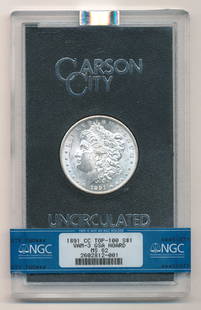 RARE TOP 100 1891-CC GSA MORGAN VAM-3 NGC MS 62: RARE TOP 100 1891-CC GSA MORGAN VAM-3 NGC MS 62 WINNER OF AUCTION SHALL RECEIVE THIS BEAUTIFUL GSA CARSON CITY MORGAN SILVER DOLLAR, CERTIFIED BY NGC, WITH ORIGINAL BOX AND CERTIFICATE OF AUTHENTICITY