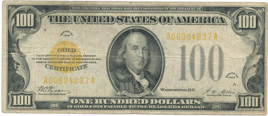 1928 $100 GOLD CERTIFICATE FINE FR. 1187 (1 of 2)