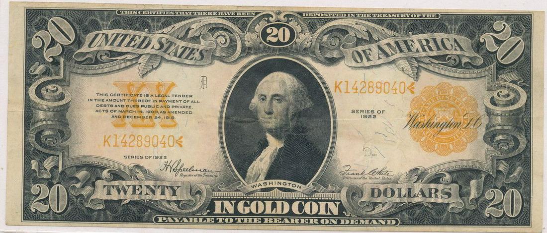1922 $20 GOLD CERTIFICATE S/N K14289040 (1 of 2)