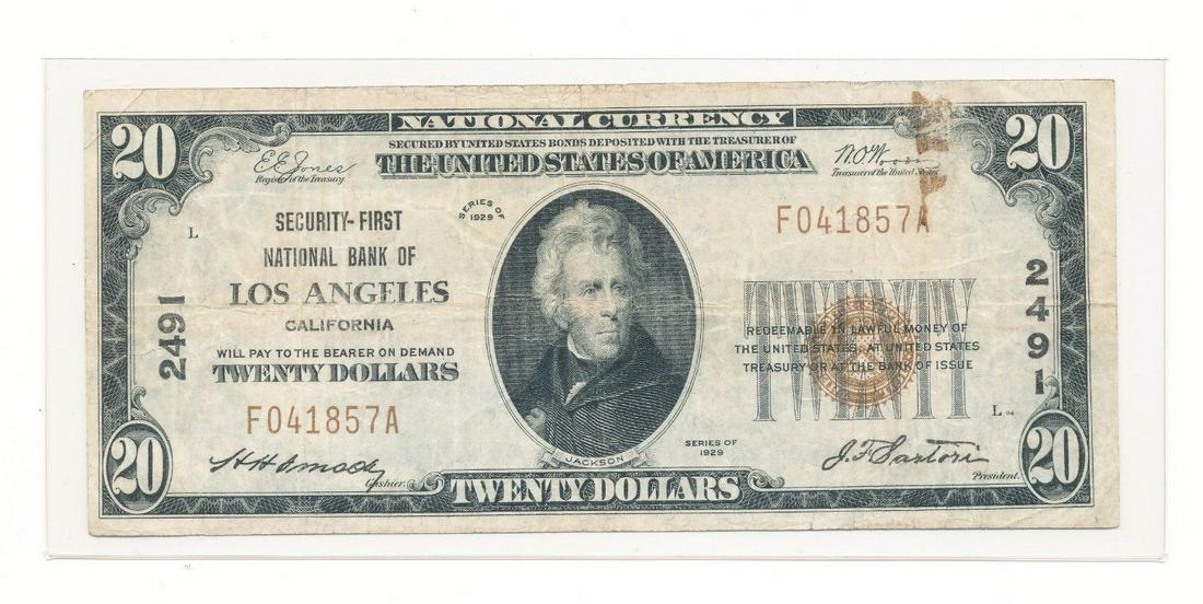 1929 NAT'L $20: SECURITY-FIRST NAT'L BANK OF CA: 1929 NAT'L $20: SECURITY-FIRST NATIONAL BANK OF LOS ANGELES, CALIFORNIA CHARTER 2491. WINNER SHALL RECEIVE THE EXACT ITEM SHOWN HERE.