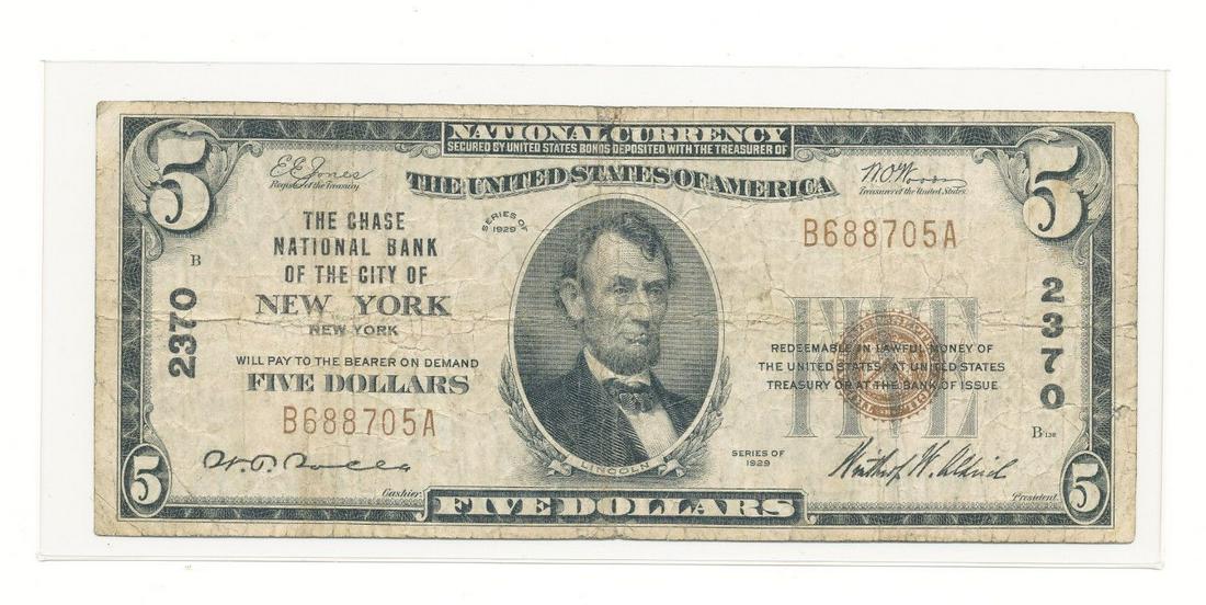 1929 NAT'L $5: THE CHASE NAT'L BANK OF NEW YORK: 1929 NATIONAL $5: THE CHASE NATIONAL BANK OF THE CITY OF NEW YORK, NEW YORK CHARTER 2370 WINNER SHALL RECEIVE THE EXACT ITEM SHOWN HERE.