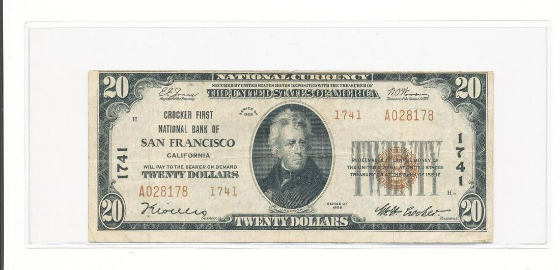 1929 NAT'L $20: CROCKER 1ST NAT'L BANK OF CA (1 of 2)