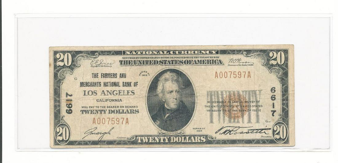 1929 NAT'L $20: FARMERS & MERCHANTS BANK OF CA (1 of 2)