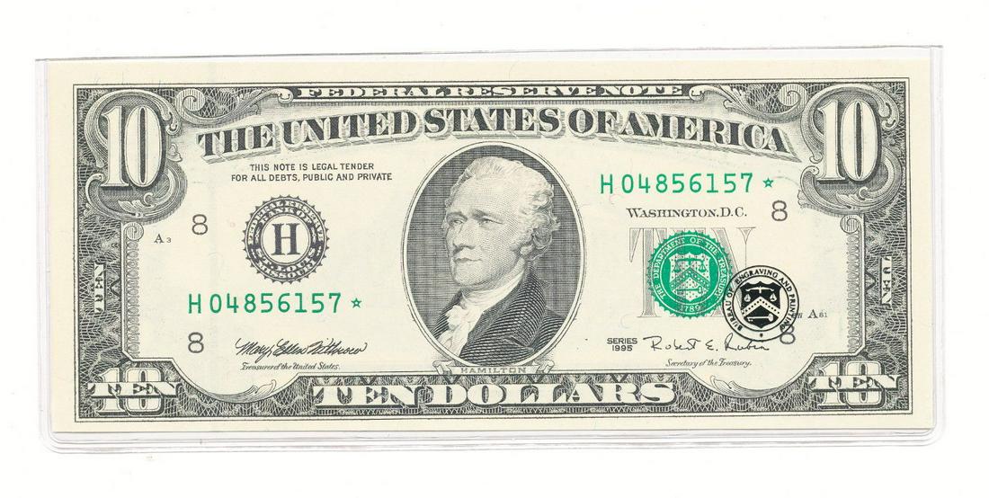 1995 $10 FEDERAL RESERVE STAR NOTE CU BEP: 1995 $10 FEDERAL RESERVE STAR NOTE CU BEP WINNER SHALL RECEIVE THE EXACT ITEM SHOWN HERE.