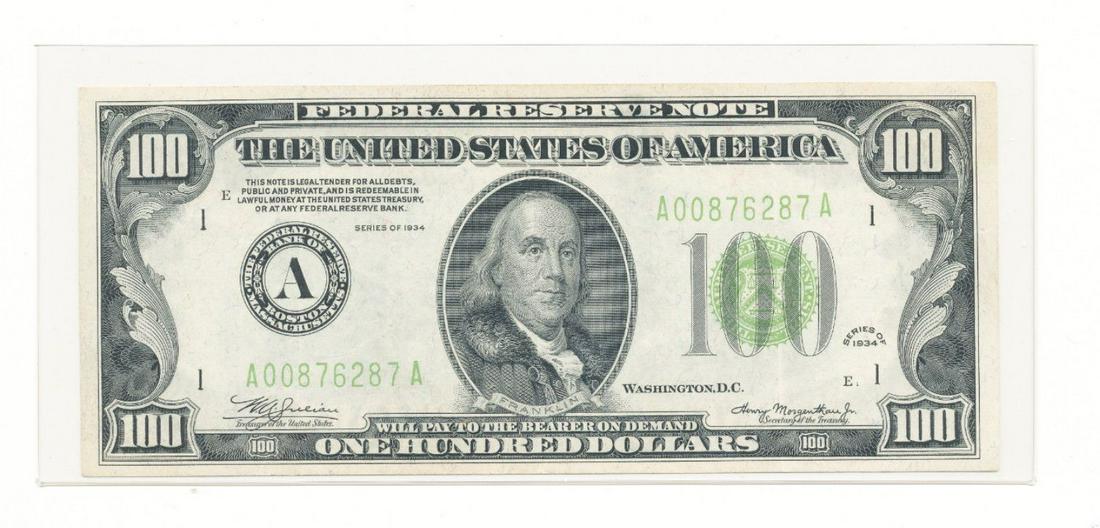 1934 $100 FEDERAL RESERVE NOTE XF/AU CONDITION (1 of 2)