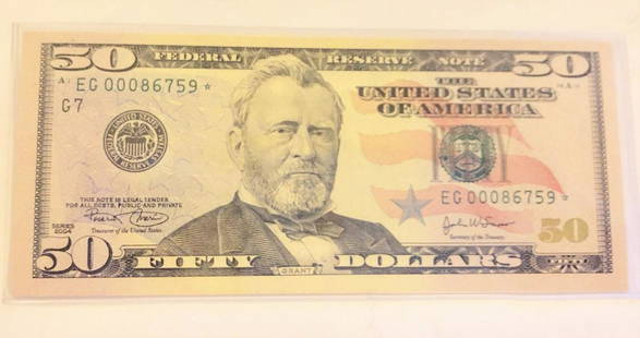 2004 $50 FRN STAR NOTE FANCY SERIAL# CRISP CU: WINNER SHALL RECEIVE THE EXACT ITEM SHOWN HERE.