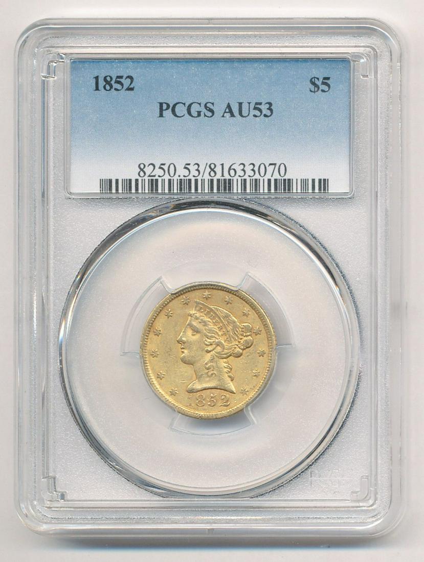 1852 $5 LIBERTY HEAD GOLD PCGS AU53 NO MOTTO (1 of 2)