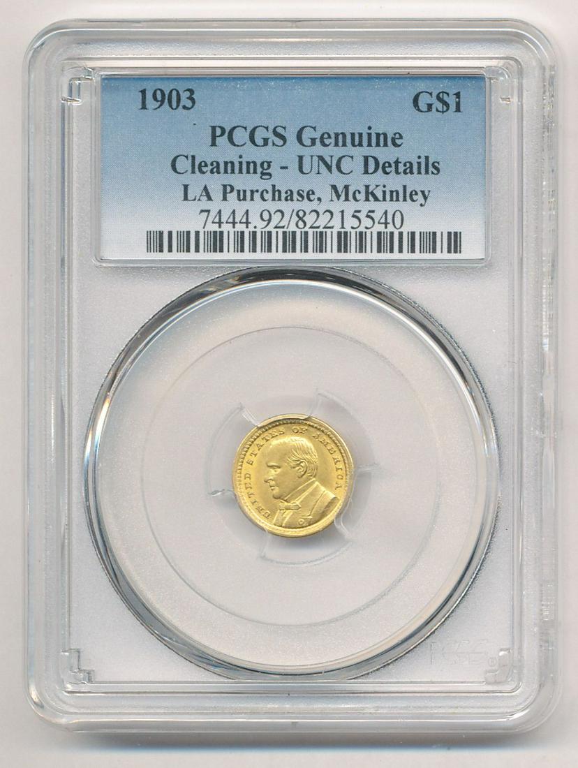1903 $1 GOLD MCKINLEY PCGS UNC DETAILS LA PURCHASE: 1903 $1 GOLD MCKINLEY COMMEMORATIVE PCGS UNC DETAILS LA PURCHASE WINNER SHALL RECEIVE THE EXACT GOLD COIN SHOWN HERE.