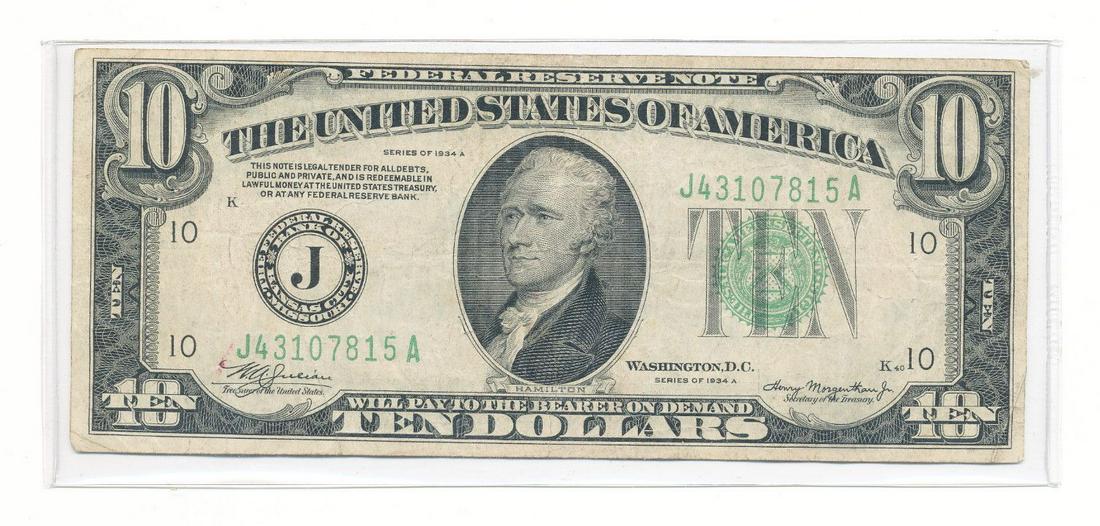 1934A $10 FEDERAL RESERVE NOTE F/VF: WINNER SHALL RECEIVE THE EXACT ITEM SHOWN HERE.