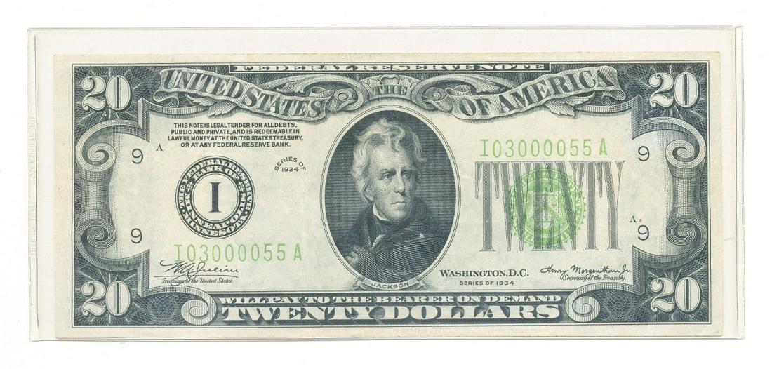 1934 $20 FEDERAL RESERVE NOTE FANCY SERIAL #: 1934 $20 FEDERAL RESERVE NOTE FANCY SERIAL #I03000055 A-VF WINNER SHALL RECEIVE THE EXACT ITEM SHOWN HERE.