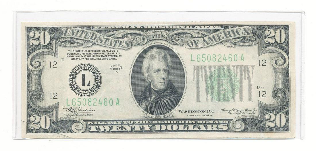 1934A $20 FEDERAL RESERVE NOTE: WINNER SHALL RECEIVE THE EXACT ITEM SHOWN HERE.