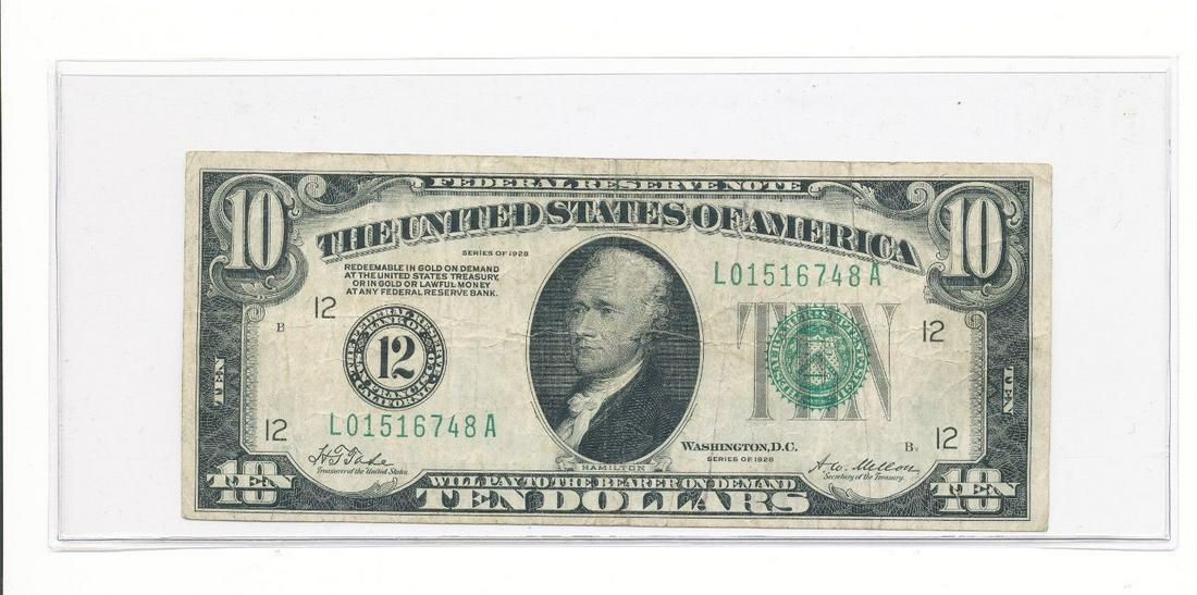1928 $10 FEDERAL RESERVE NOTE VG/F CONDITION: WINNER SHALL RECEIVE THE EXACT ITEM SHOWN HERE.
