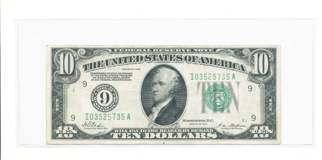1928 $10 FEDERAL RESERVE NOTE VF CONDITION: WINNER SHALL RECEIVE THE EXACT ITEM SHOWN HERE.