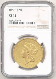 1850 FIRST YEAR $20 GOLD NGC XF45: THIS COIN IS THE FIRST YEAR EXCEPT FOR THE ONLY 1849 WHICH IS EXISTING IN THE SMITHSONIAN INSTITUTION.SO PRACTICALLY SPEAKING THIS 1850 IS THE VERY FIRST YEAR FOR THE ENTIRE $20 GOLD DOUBLE EAGLE