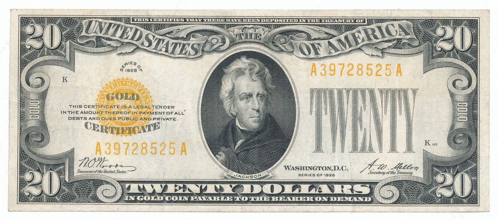 1928 $20 GOLD CERTIFICATE CHOICE XF: WINNER SHALL RECEIVE THE EXACT ITEM SHOWN HERE