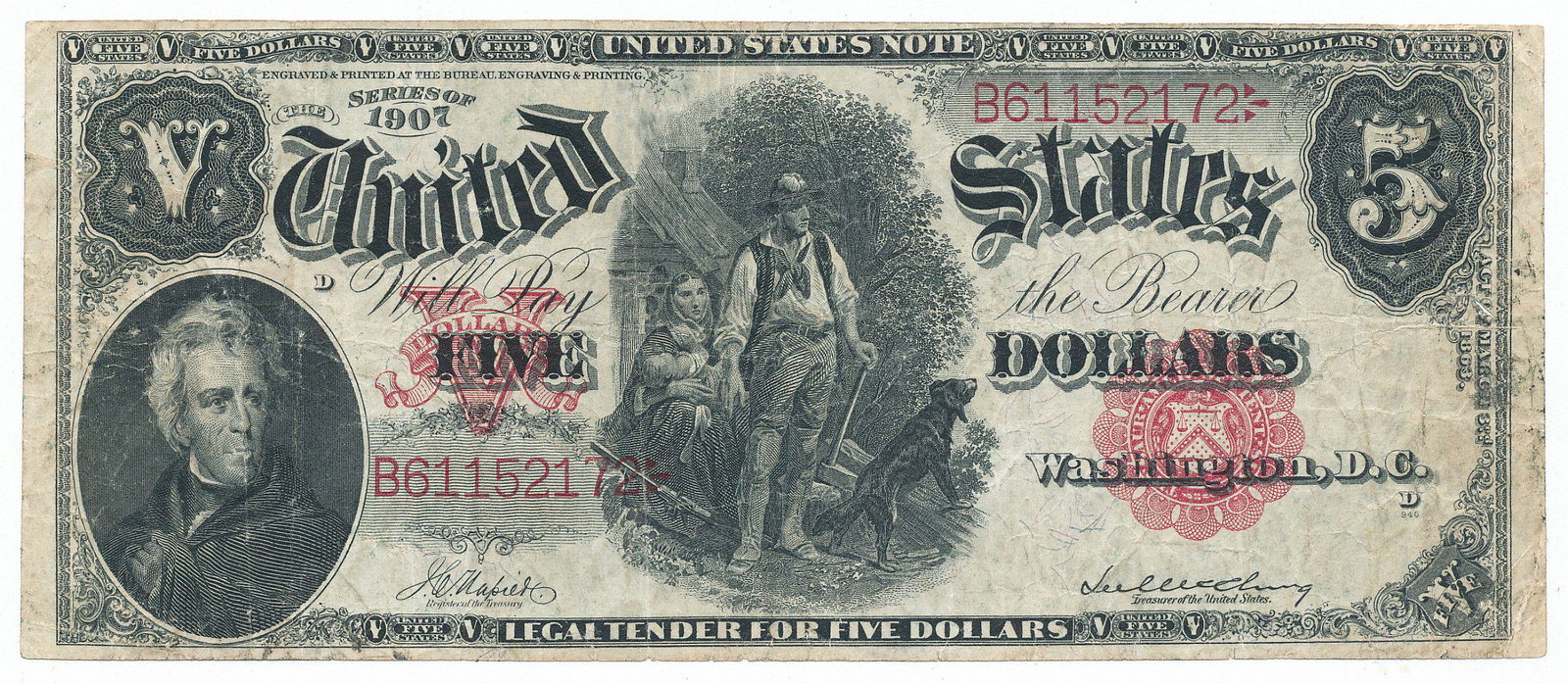 1907 $5 LEGAL TENDER FR-85 VG/FINE: WINNER SHALL RECEIVE THE EXACT ITEM SHOWN HERE
