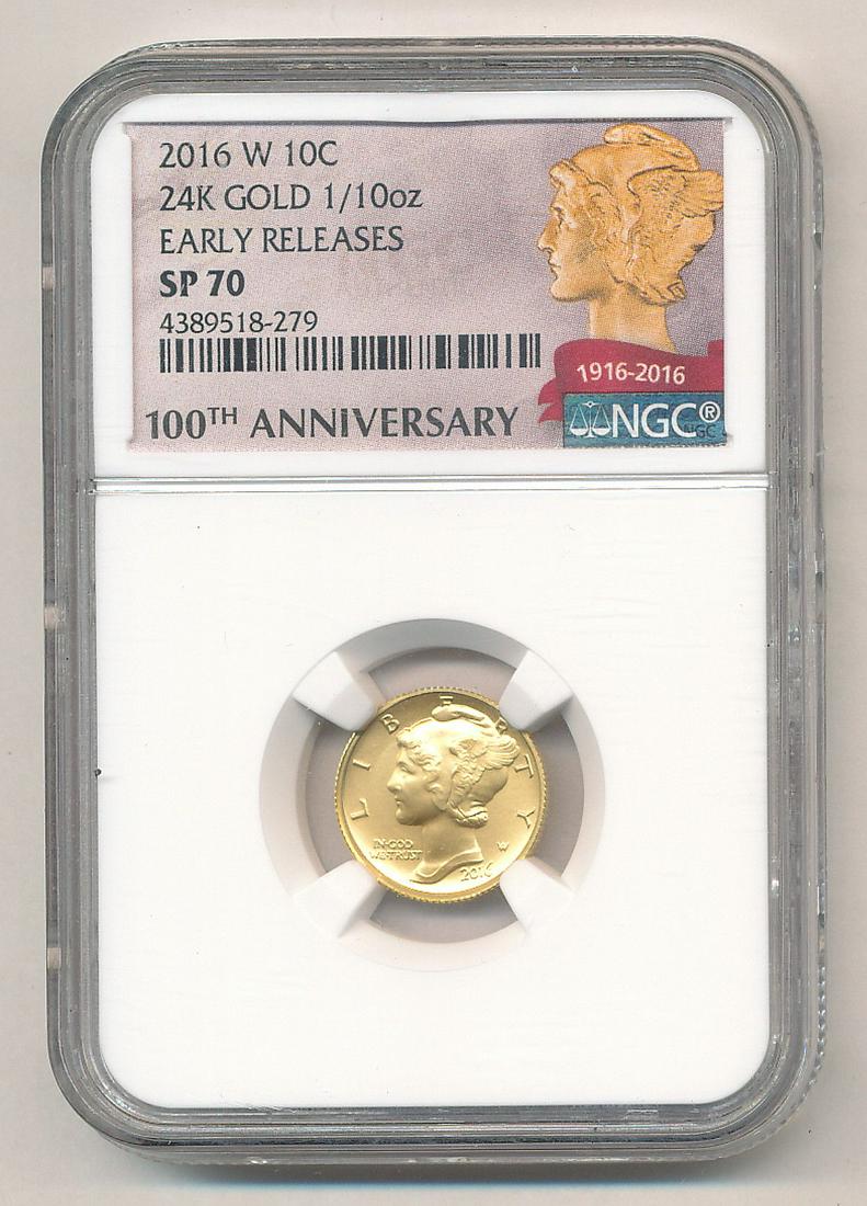 2016 GOLD 1/10 OZ MERCURY DIME 100TH ANNI.: WINNER SHALL RECEIVE THE EXACT ITEM SHOWN HERE