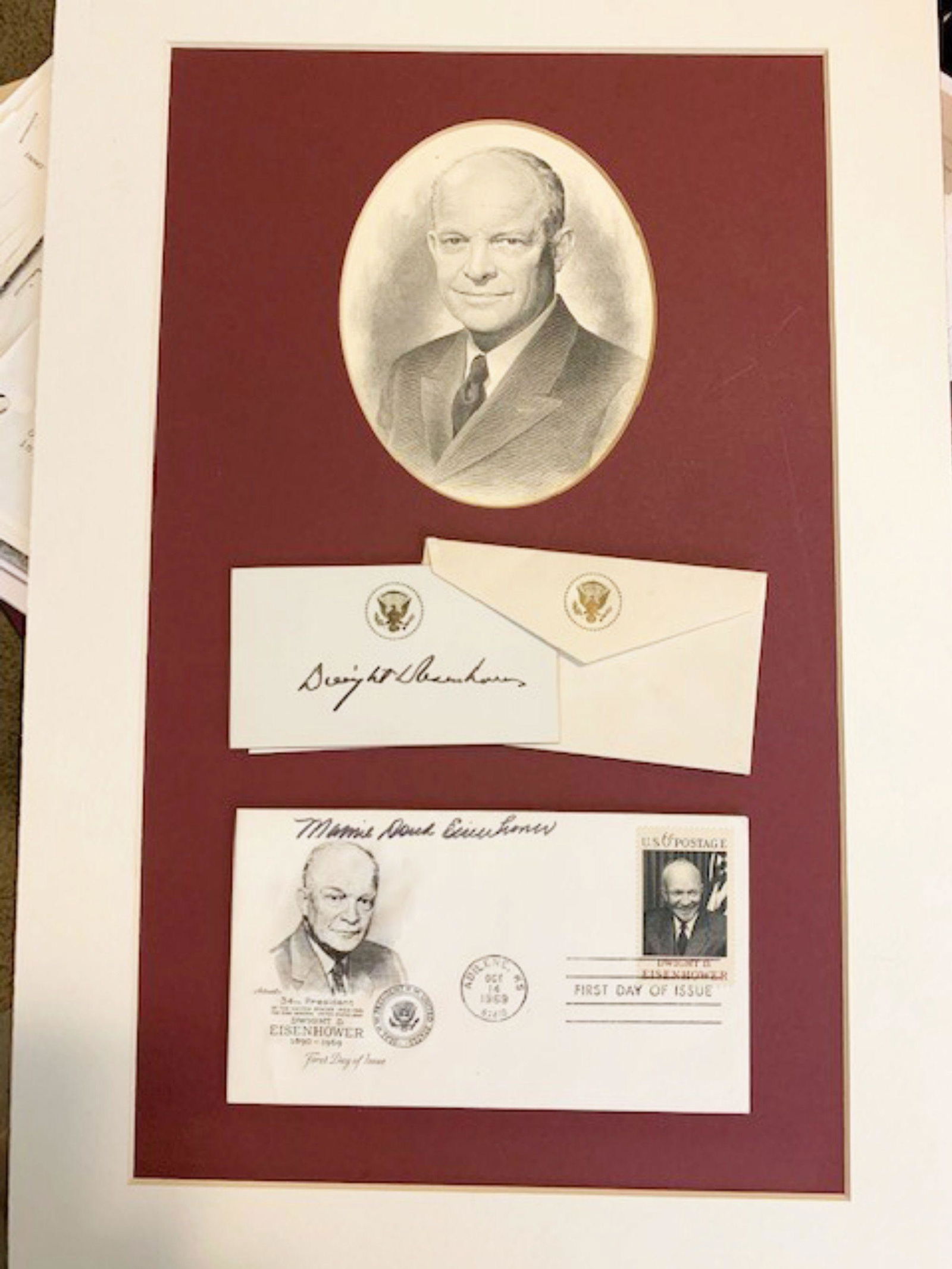 DWIGHT EISENHOWER AS PRES. & MAMIE AS 1ST LADY: DWIGHT EISENHOWER AS PRESIDENT AND MAMIE EISENHOWER AS FIRST LADY. DESIRABLE, UNCOMMON, HARD TO FIND PRESTIGIOUS GOLD GILDED EDGE PRESIDENTIAL CALLING CARD SIGNED BY DWIGHT EISENHOWER. 12" X 16" READY