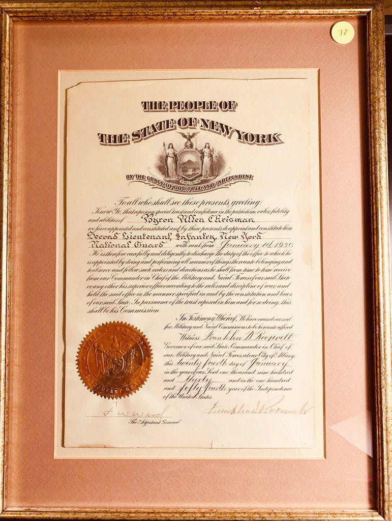 FRANKLIN D ROOSEVELT AS GOVERNOR OF NY: A 22"X16" PROFESSIONALLY FRAMED DOCUMENT. THE MILITARY COMMISSION OF BYRON ALLEN CHRISMAN TO THE RANK OF SECOND LIEUTENANT INFANTRY NEW YORK NATIONAL GUARD JANUARY 14, 1930.