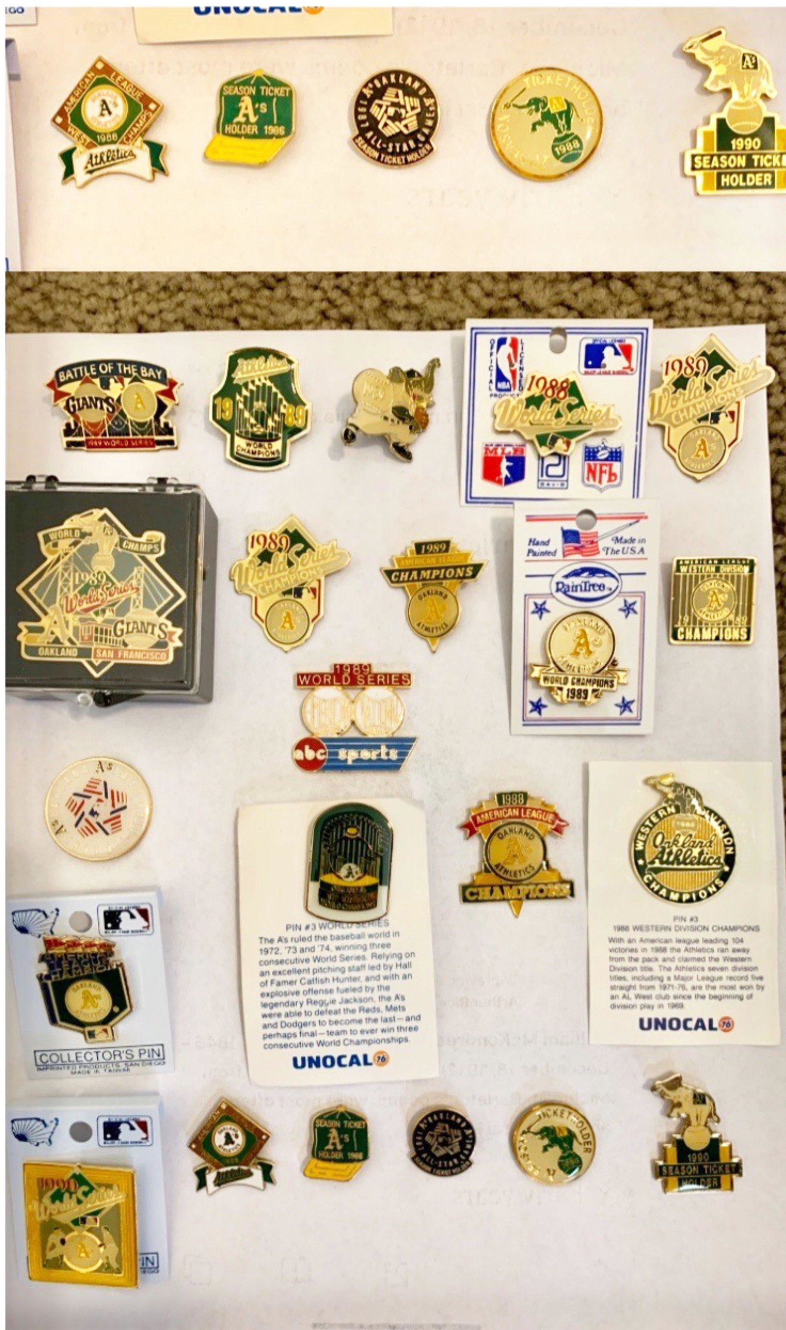 OAKLAND A'S COLLECTORS DREAM: APPROXIMATELY 35 PINS AS ROBUST A SET DURING IT'S GREAT YEARS IN THE LATE 80'S FROM THE CONSIGNOR WHO WAS A SEASON TICKET HOLDER FROM 1980-1990.