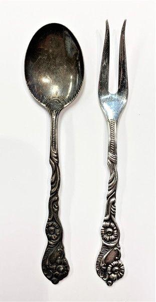 SMALL ANTIQUE SILVER SPOON & TWO PRONG FORK: SMALL ANTIQUE SILVER SPOON AND TWO PRONG FORK WINNER SHALL RECEIVE THE EXACT ITEMS SHOWN HERE (LO.Lg)