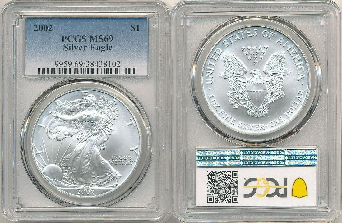 2002 AMERICAN SILVER EAGLE 1 OZ. PCGS MS69 (1 of 1)