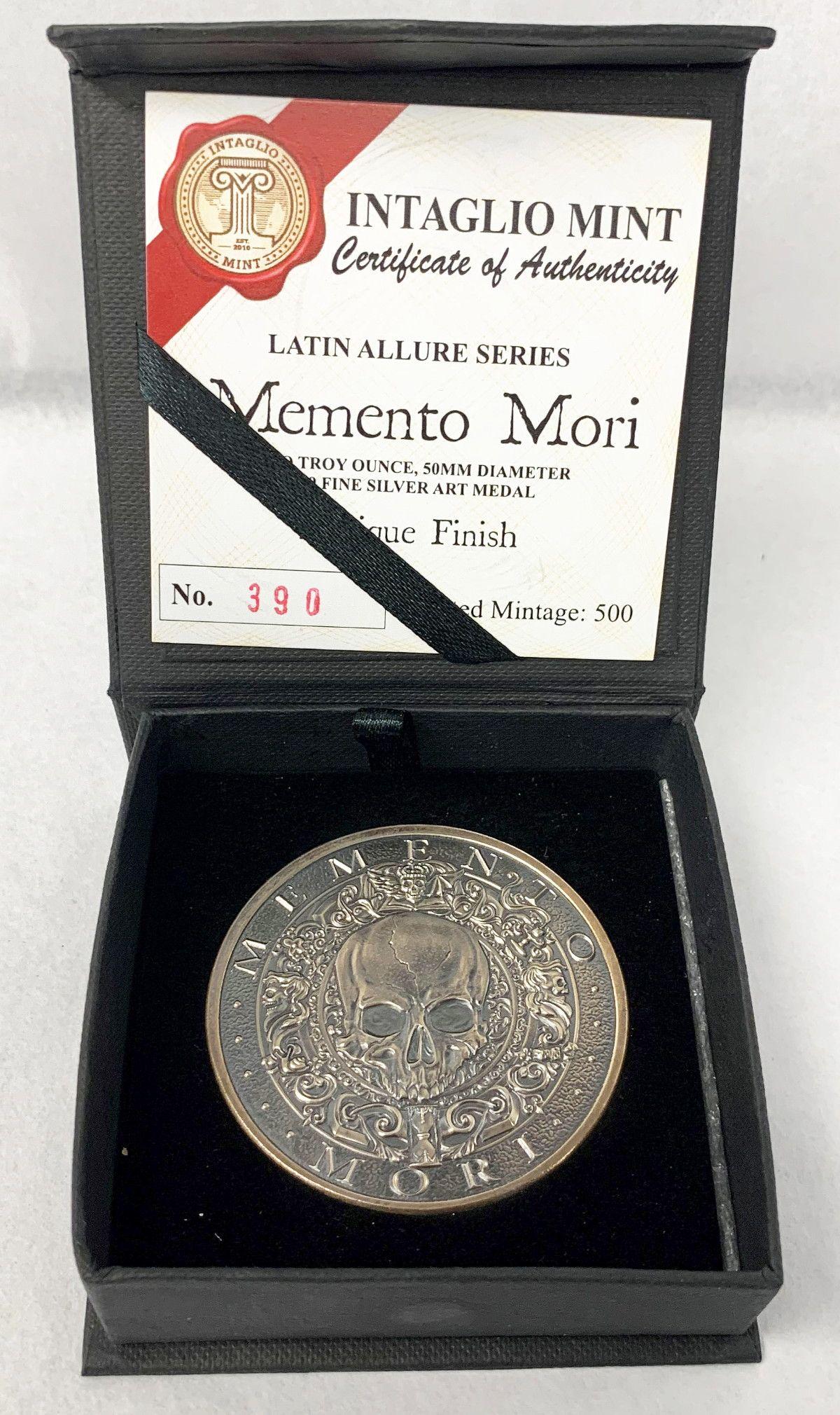 INTAGLIO MINT MEMENTO MORI 2 OZ ANTIQUE FINISH COIN: WINNER SHALL RECEIVE THE EXACT COIN SHOWN HERE