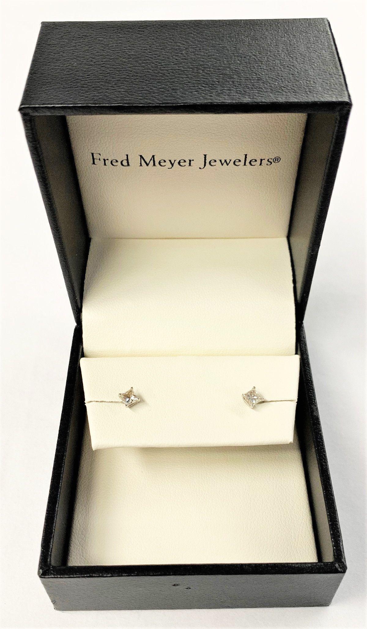 1/2 CARAT PRINCESS CUT DIAMOND EARINGS: WITH ALL TRIMINGS FROM FRED MEYER JEWELERS WINNER OF AUCTION SHALL RECEIVE THE EXACT ITEM SHOWN HERE