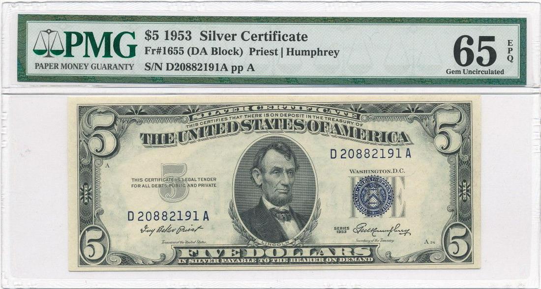 1953 $5 SILVER CERTIFICATE PMG-65: WINNER SHALL RECEIVE EXACT ITEM SHOWN HERE