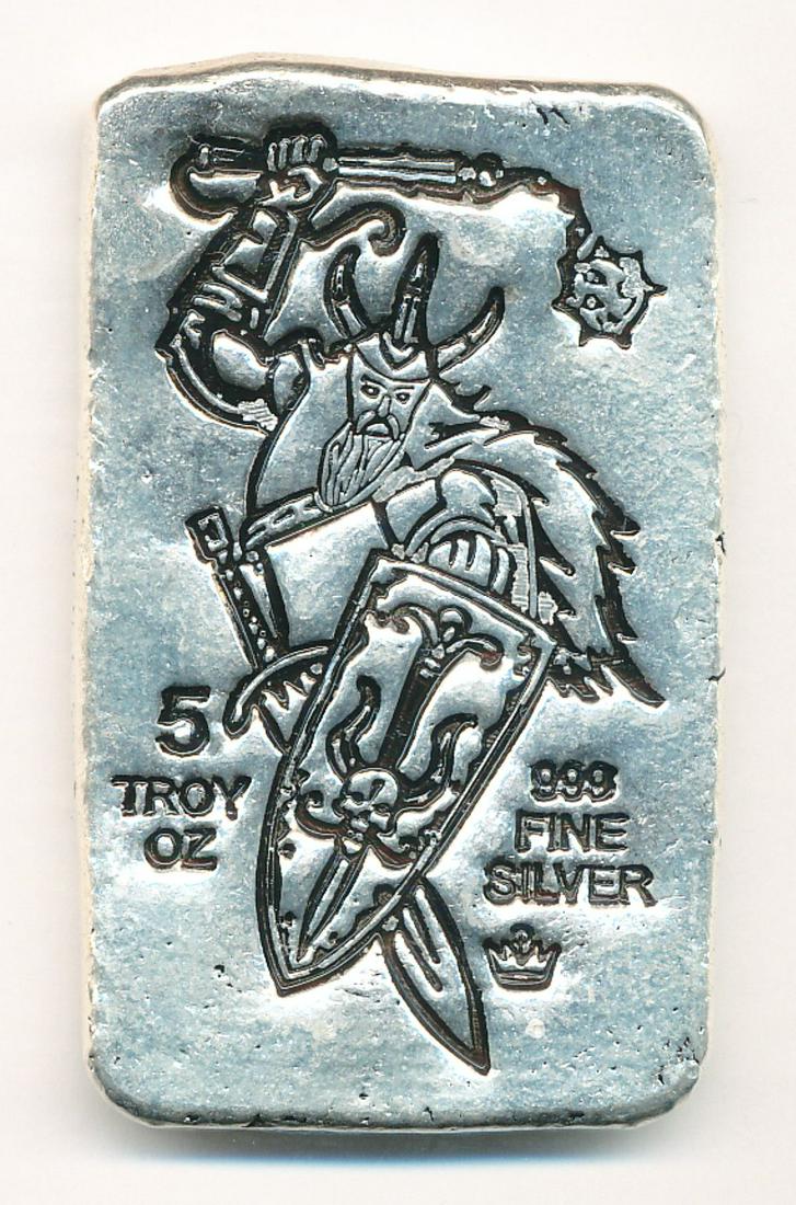 VINTAGE RARE SILVER BULLION 5 OZ VIKING BAR: WINNER OF AUCTION SHALL RECEIVE THE EXACT SILVER BAR SHOWN HERE.