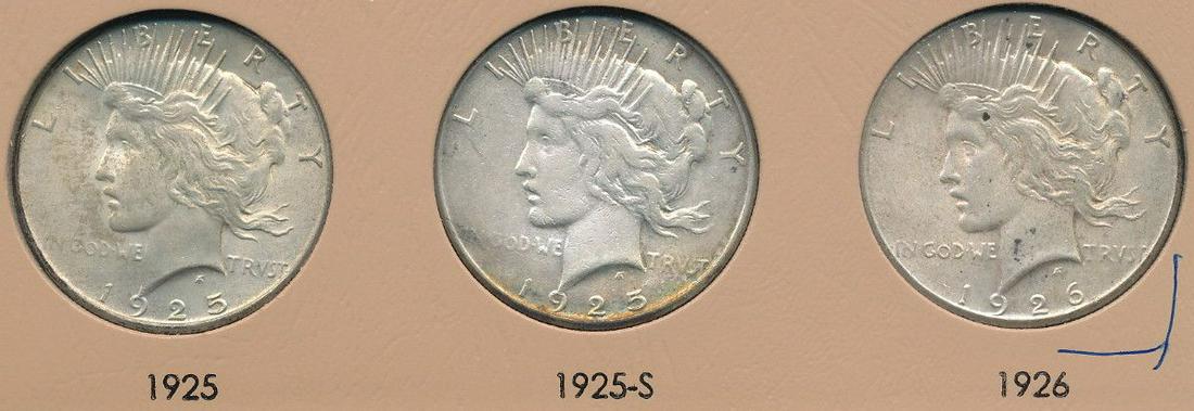 1925, 1925-S, 1926 (3) PEACE SILVER DOLLARS (1 of 3)