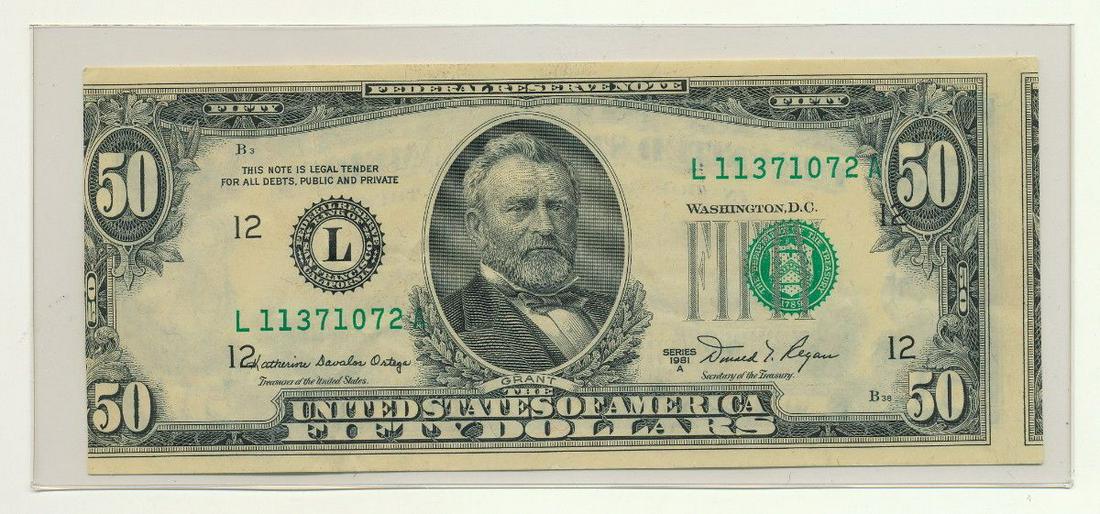 1981 DRAMATIC BEP ERROR $50 FEDERAL RES. NOTE: 1981 DRAMATIC BEP (BUREAU OF ENGRAVING AND PRINTING) ERROR $50 FEDERAL RESERVE NOTE. HIGH DENOMINATION ERROR NOTES ARE RARE! MISALIGNED FRONT CH CU WINNER SHALL RECEIVE THE EXACT ITEM SHOWN HERE.