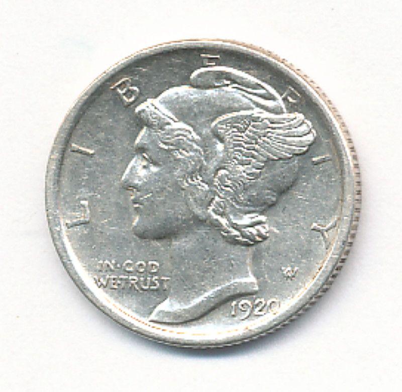 1920-D MERCURY 10C AU58 FULL SPLIT BAND: WINNER SHALL RECEVIE THE EXACT COIN SHOWN HERE