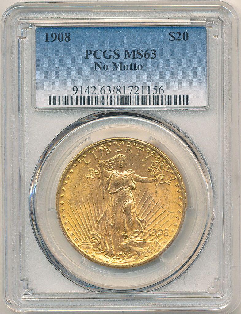 1908 NM $20 GOLD SAINT GAUDENS PCGS MS63: 1908 NO MOTTO $20 GOLD SAINT GAUDENS PCGS MS63 WINNER SHALL RECEIVE THE EXACT COIN SHOWN HERE