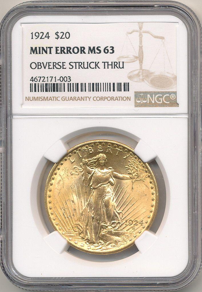 1924 $20 GOLD ST. GAUDENS NGC MINT ERROR MS63: 1924 $20 GOLD SAINT GAUDENS NGC MINT ERROR MS63 WINNER SHALL RECEIVE THE EXACT COIN SHOWN HERE