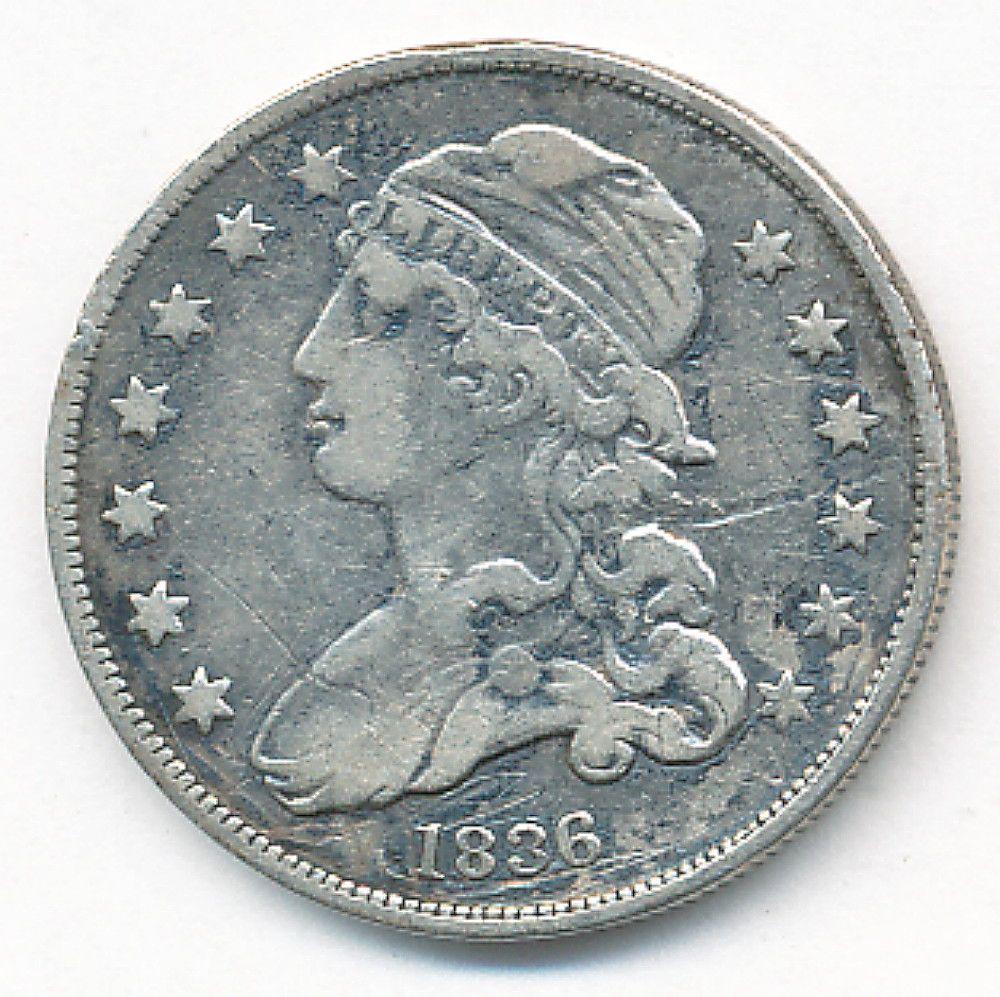 1836 CAPPED BUST QUARTER DOLLAR VG DETAIL: AS THIS IS LAST MINUTE LOT WE HAVE $2 LOWS ON ALL OF IT AND $2,000 HIGHS. ALL OF THESE LOTS ARE WORTH SOMEWHERE IN BETWEEN. ANY QUESTIONS ON THE SPECIFIC VALUES PLEASE FEEL FREE TO CALL OUR OFFICE TOL