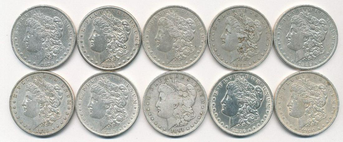 (10) MORGAN SILVER DOLLARS 1879-1900: WINNER SHALL RECEIVE EXACT (10) MORGAN DOLLARS SHOWN HERE