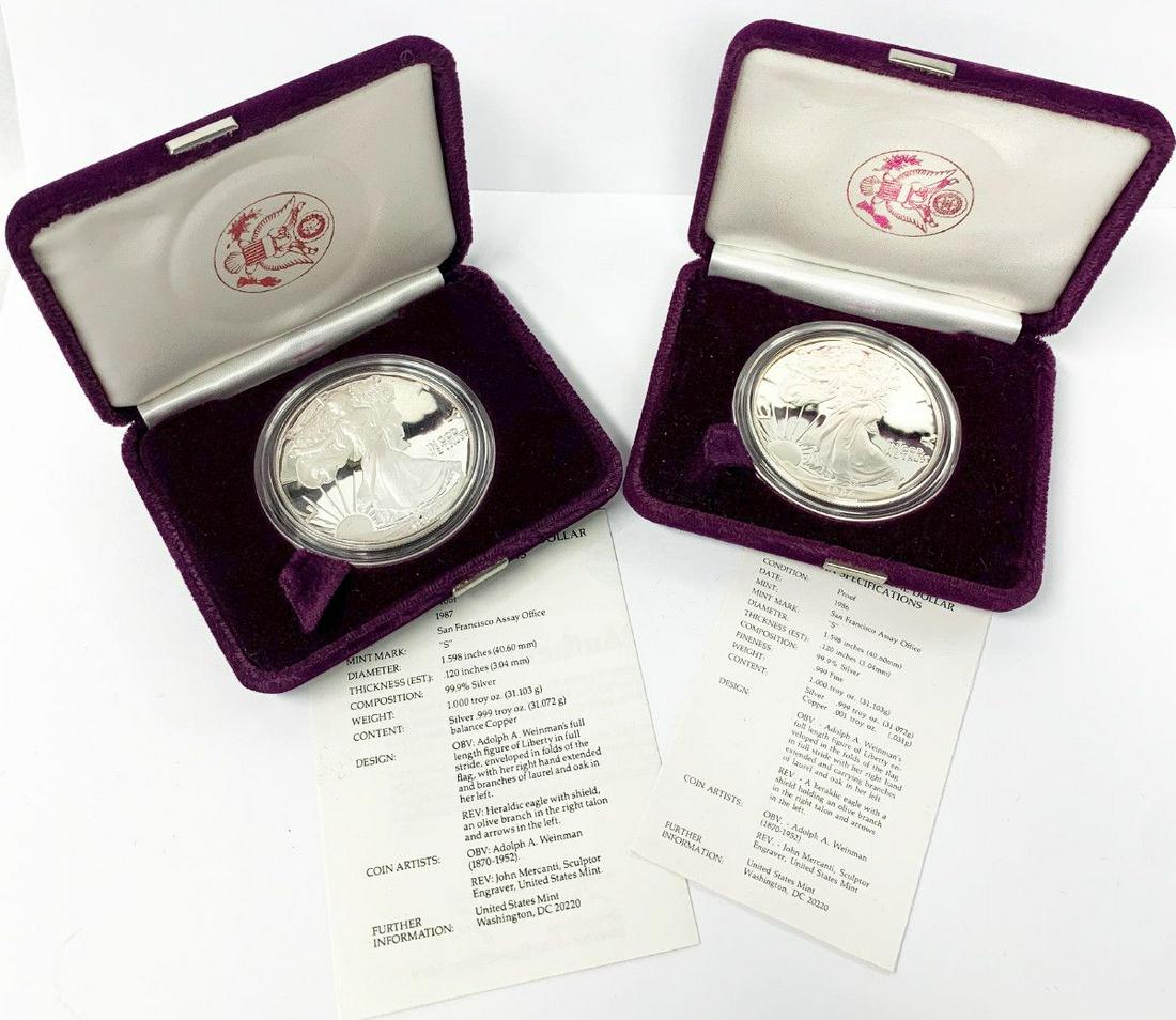 (2) PROOF SILVER EAGLE SET 1986, 1987: WINNER SHALL RECEIVE THE EXACT (2 COINS) SHOWN HERE.