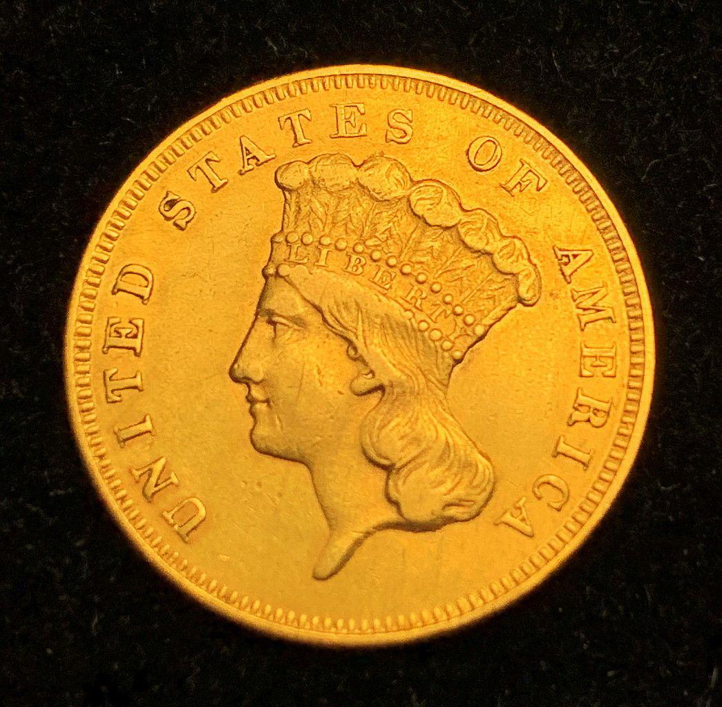 EXTREMELY RARE 1856-S $3 PRINCESS GOLD AU55+: EXTREMELY RARE 1856-S 3 DOLLAR PRINCESS GOLD AU55+ BY ORDER OF THE CONSIGNOR, THIS COIN IS TO BE SOLD AS IS WHERE IS WITHOUT CERTIFICATION WINNER SHALL RECEIVE THE EXACT COIN SHOWN HERE