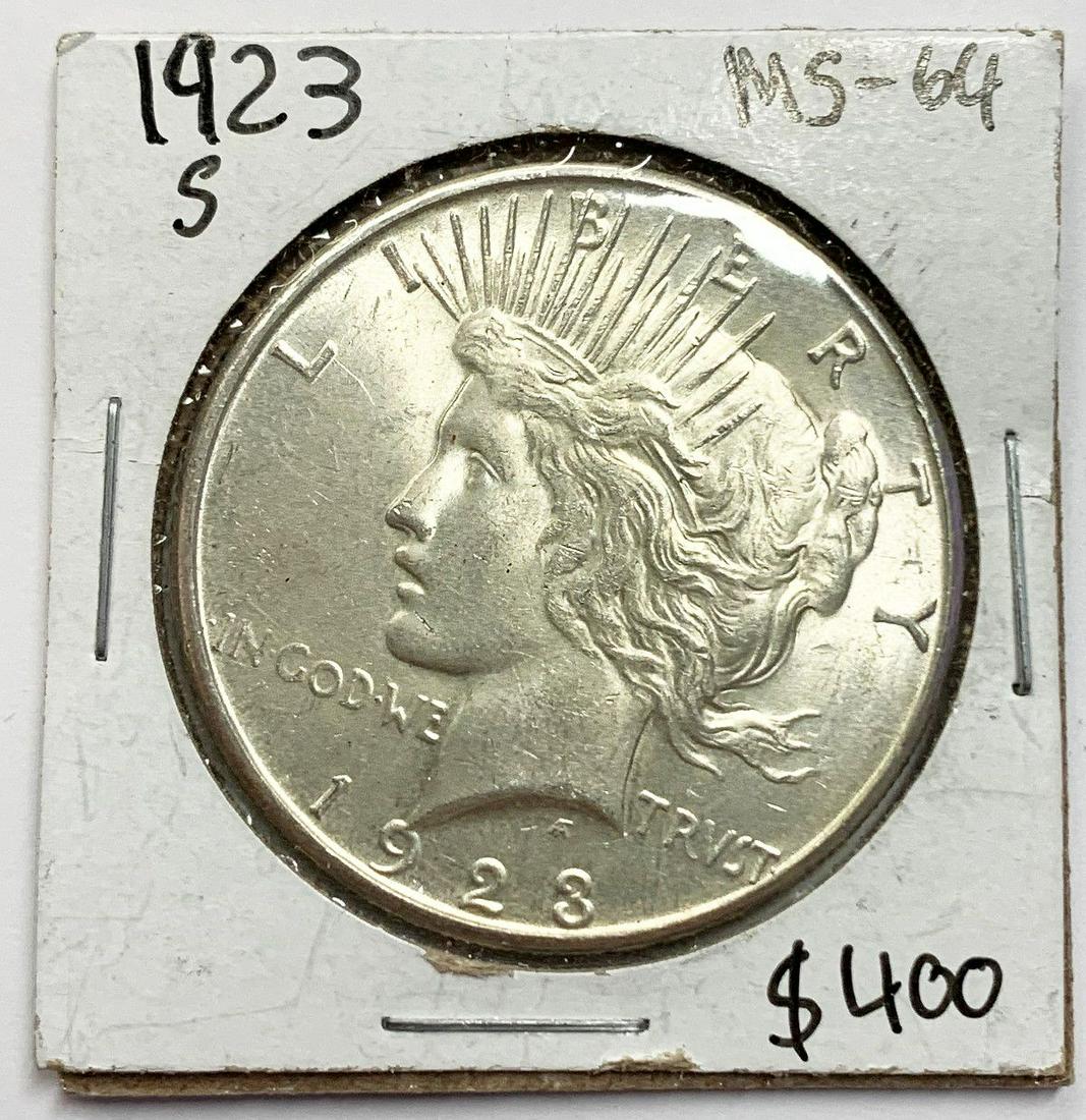 1923-S MS64 PEACE SILVER DOLLAR: WINNER SHALL RECEIVE THE EXACT COIN SHOWN HERE
