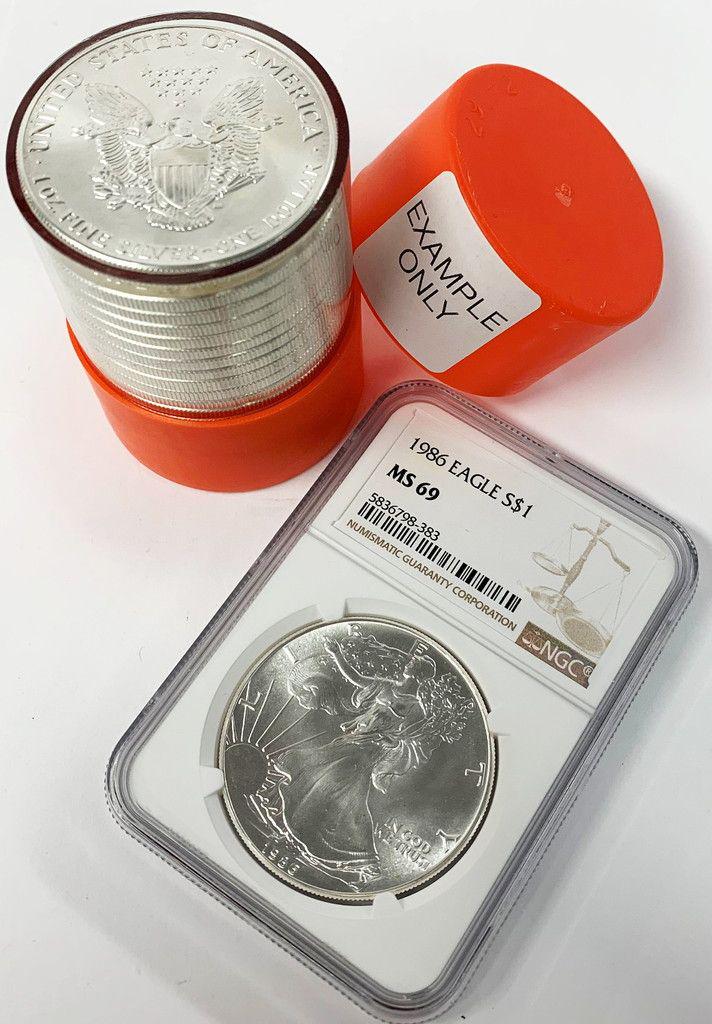 (1) RARE 1986 AMERICAN SILVER EAGLE NGC MS69: ONE OF OUR CONSIGNORS SENT IN AN ORIGINAL 1986 MONSTER BOX CONTAINING 25 ROLLS THAT WERE ORIGINAL LIKE THIS ONE. THE EXAMPLE HERE IS HOW THE VERY FIRST SILVER EAGLE WAS DELIVERED FROM THE US MINT WAY 