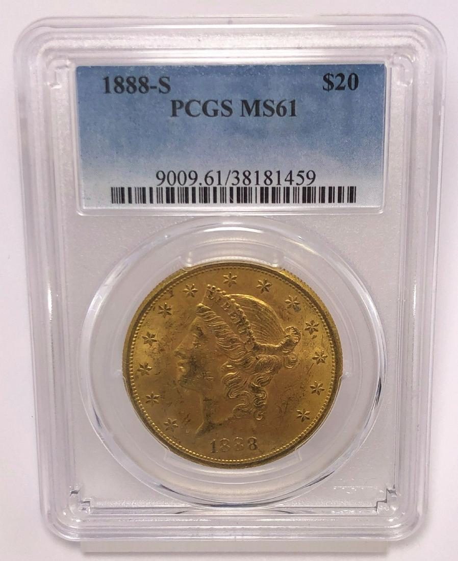 SF MINTED GOLD 1888-S $20 LIBERTY PCGS MS61: SAN FRANCISCO MINTED GOLD 1888-S $20 LIBERTY PCGS MS61 WINNER SHALL RECEIVE EXACT COIN SHOWN HERE
