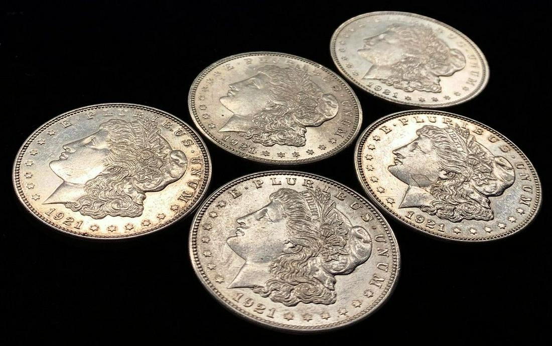 (5) 1921-D MORGAN SILVER DOLLARS AU58-MS64 PL: (5) 1921-D MORGAN SILVER DOLLARS AU58-MS64 PROOF LIKE WINNER SHALL RECEIVE THE EXACT 5 COINS SHOWN HERE