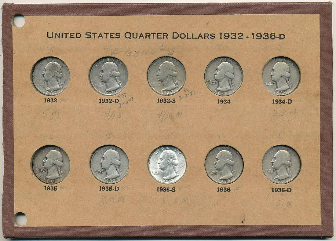 1932-D & S KEY DATE WA QUARTERS (10-COINS): VINTAGE 1950's WAYTE RAYMOND QUARTERS BOARD WITH THE ORIGINAL COLLECTORS WRITING WHO WE BELIEVE IS OUR CONSIGNORS GRANDFATHER. WINNER SHALL RECEIVE THE EXACT ITEM SHOWN HERE.