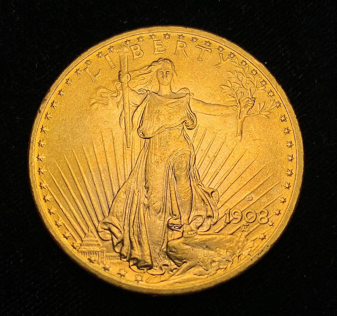 RARE 1908-D $20 GOLD ST GAUDENS W/ MOTTO MS64: RARE 1908-D $20 GOLD SAINT GAUDENS WITH MOTTO MS64 WINNER SHALL RECEIVE THE EXACT COIN SHOWN HERE